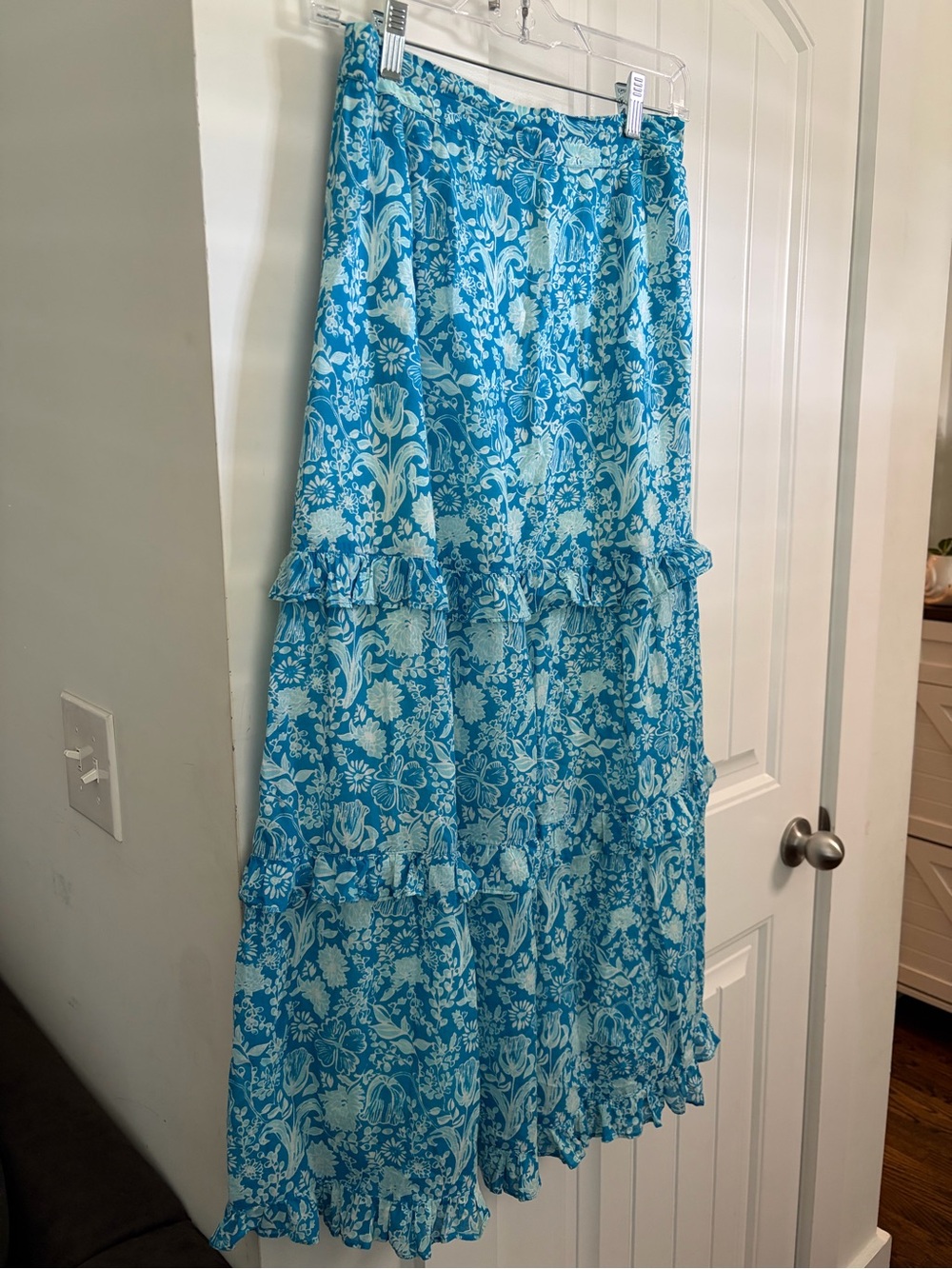 Olivia James The Label XS Blue Floral Tiered Maxi Skirt